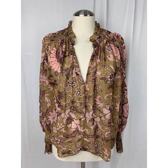 o.p.t One Pretty Time Smocked Tie Peasant Blouse Floral Metallic Threads size XS - Picture 10 of 15